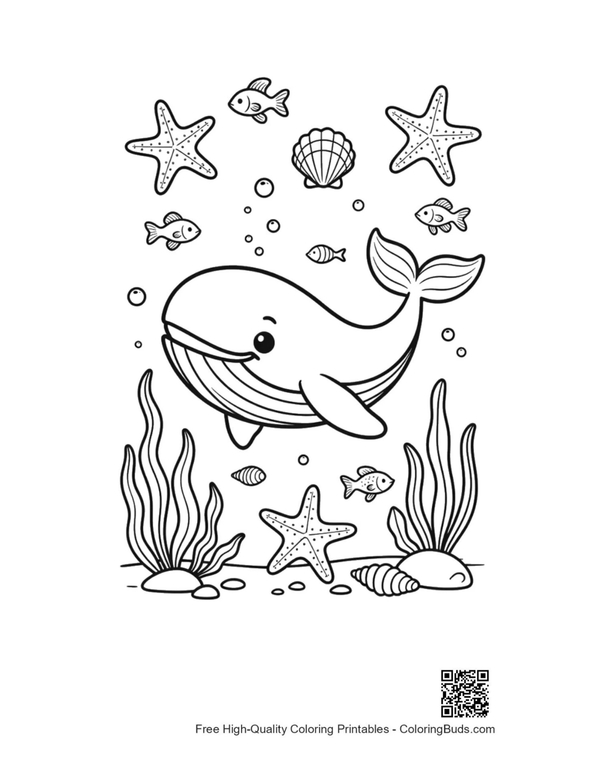 Cute happy blue whale with starfish bubbles printable