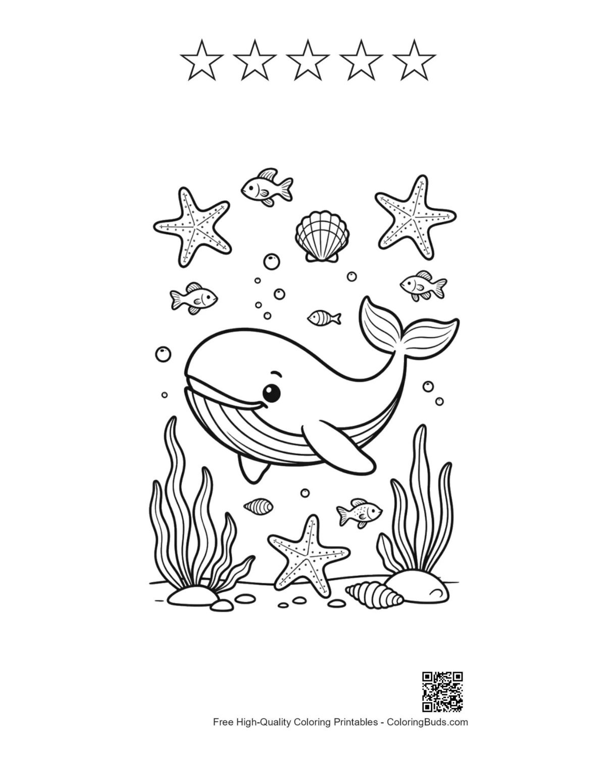 Happy blue whale with 5 star outlines printable sheet