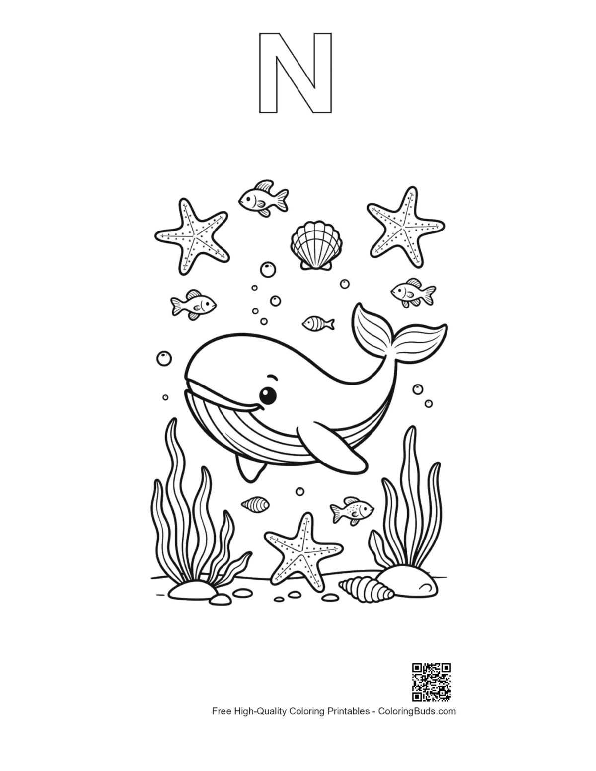 Blue whale outline alphabet N starfish bubbles printable