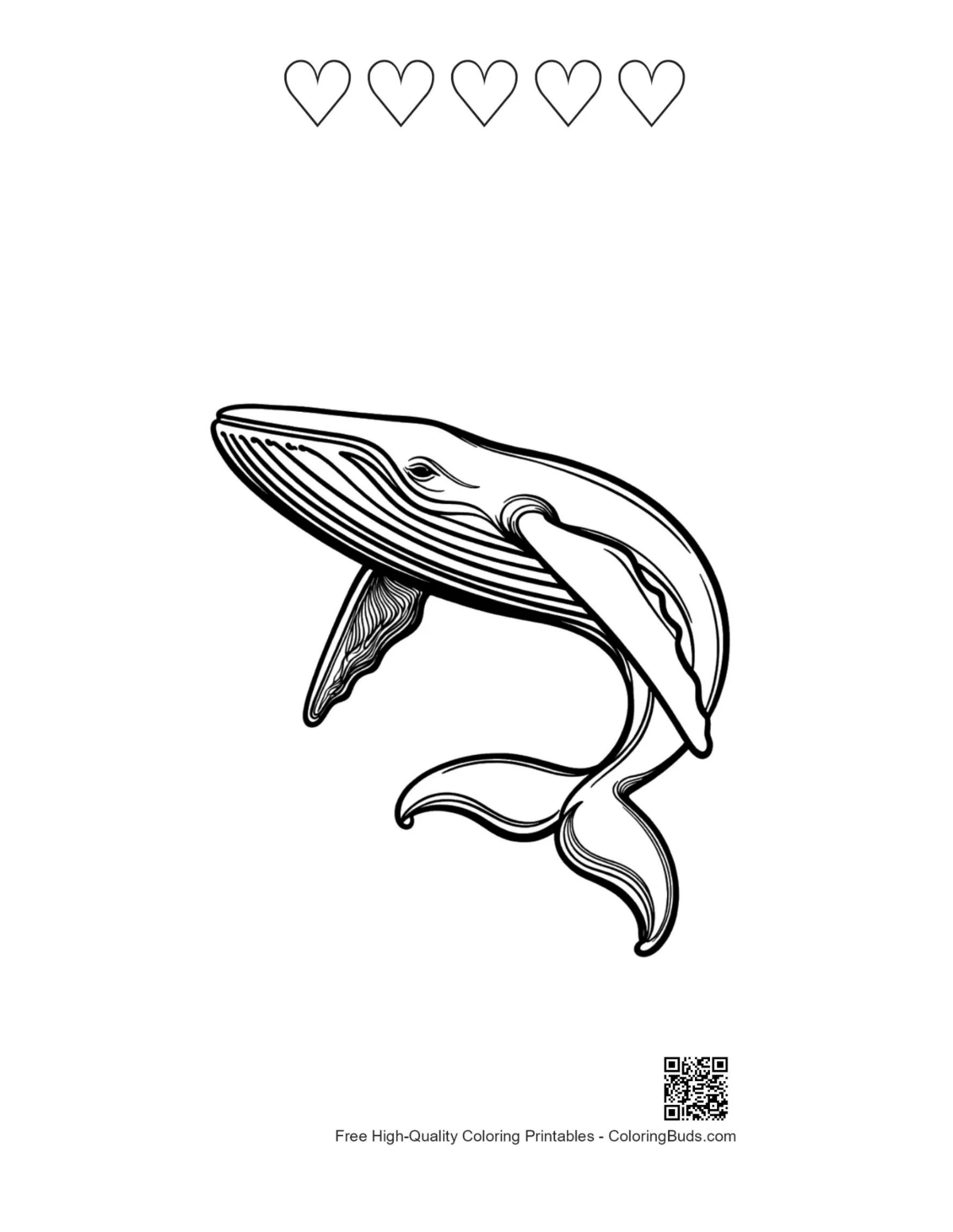 Leaping blue whale printable with 5 heart outlines