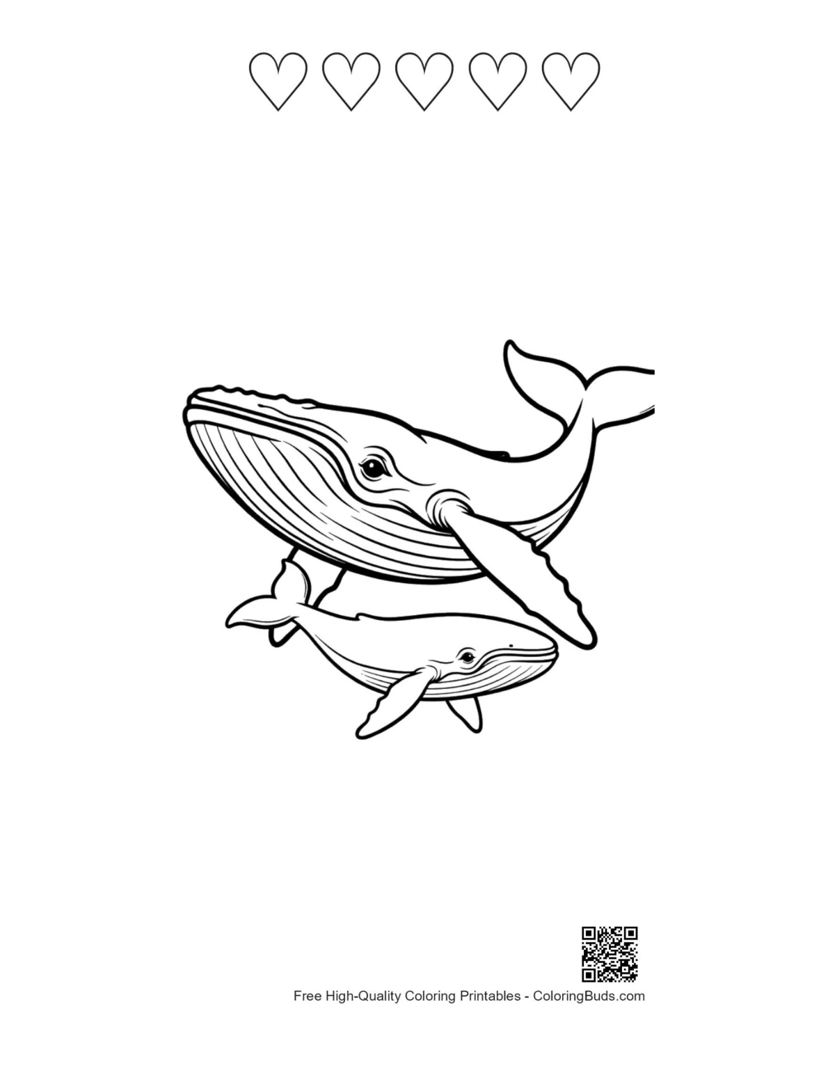 Blue whale printable featuring 5 heart outlines