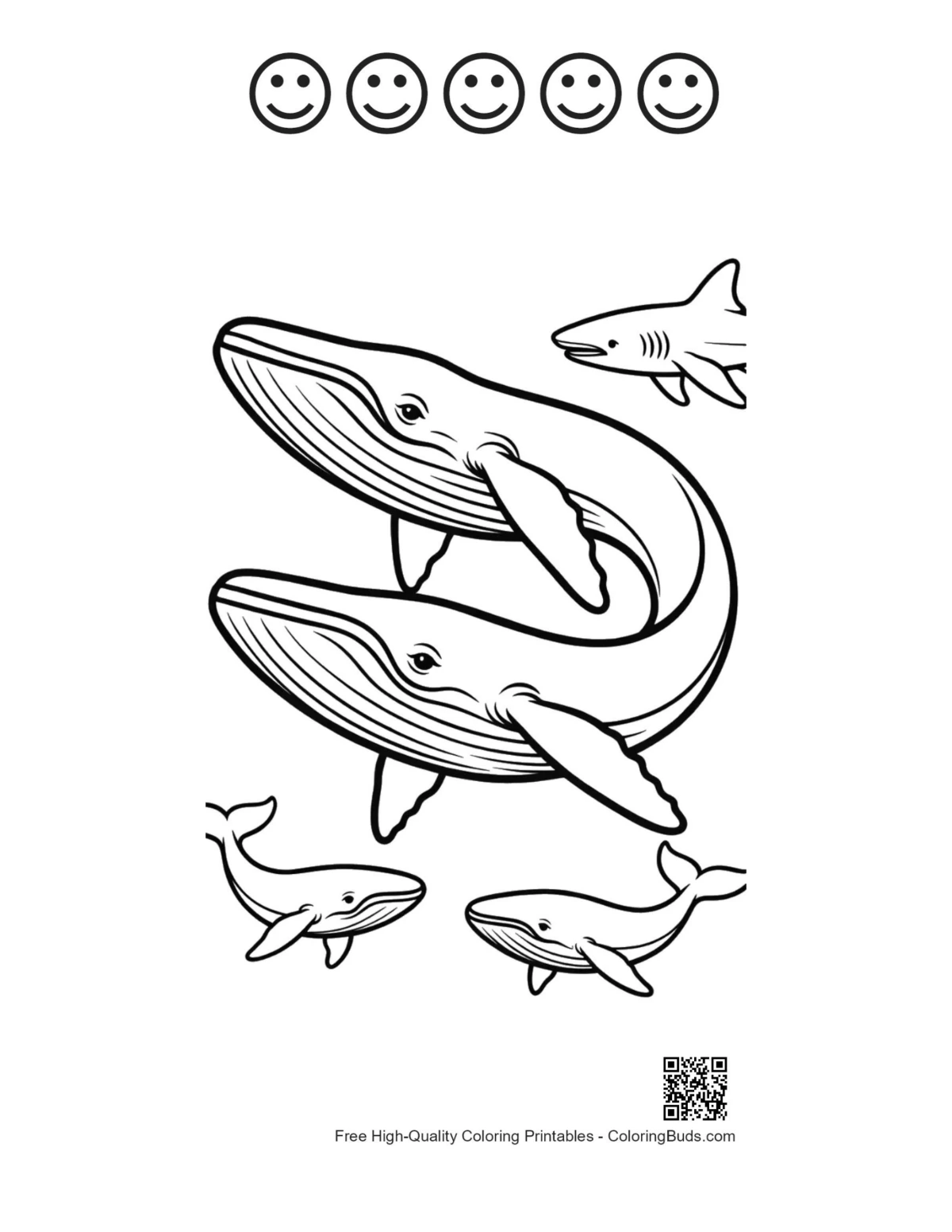Playful whales shark art with happy faces outlines