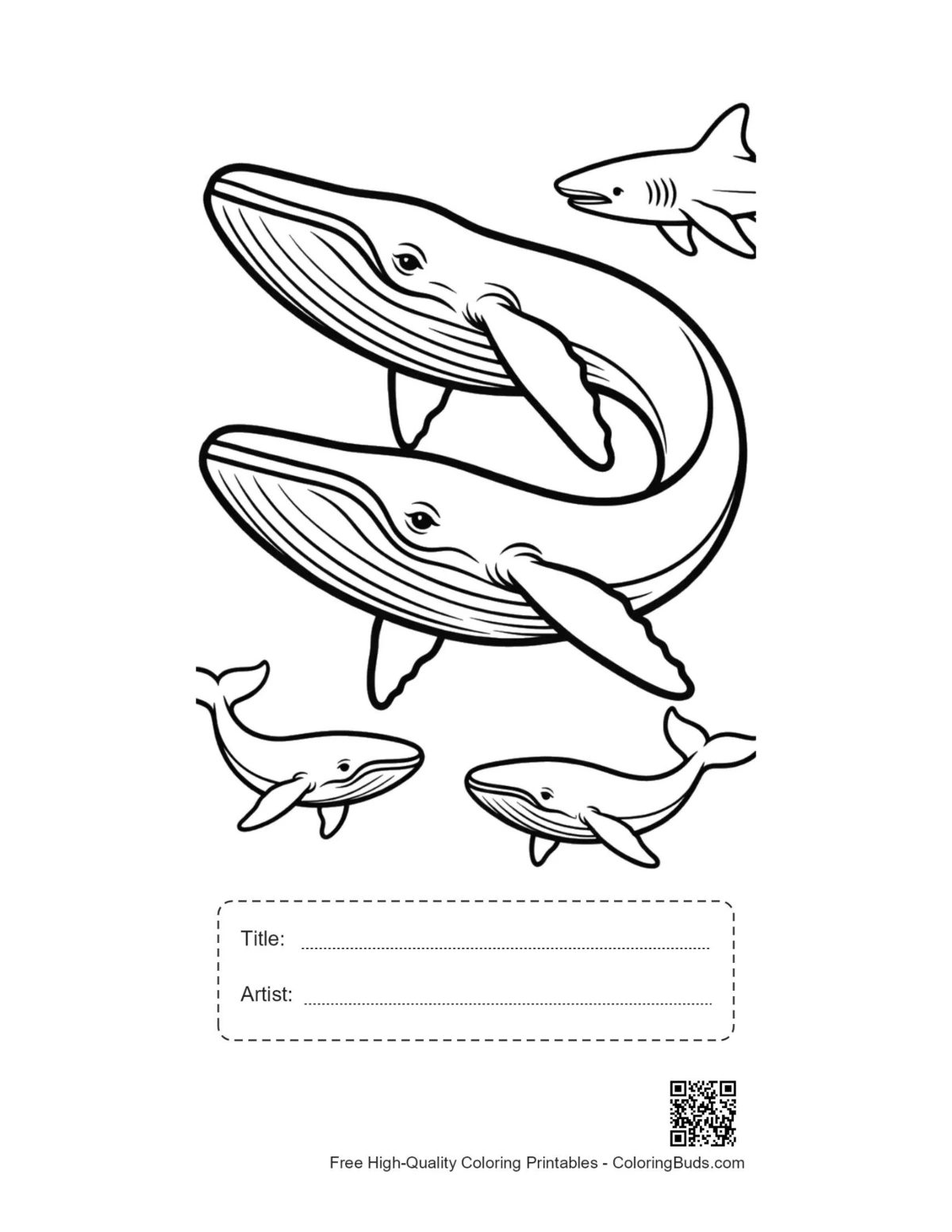 Blue whales shark outline printable with title box