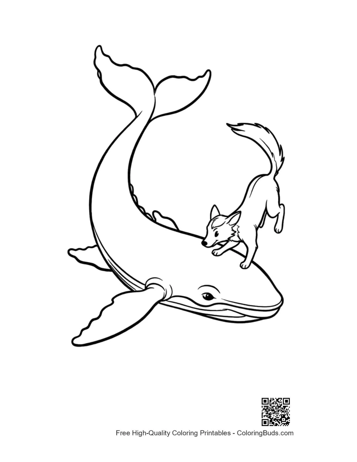 Playful fox riding blue whale outline coloring page