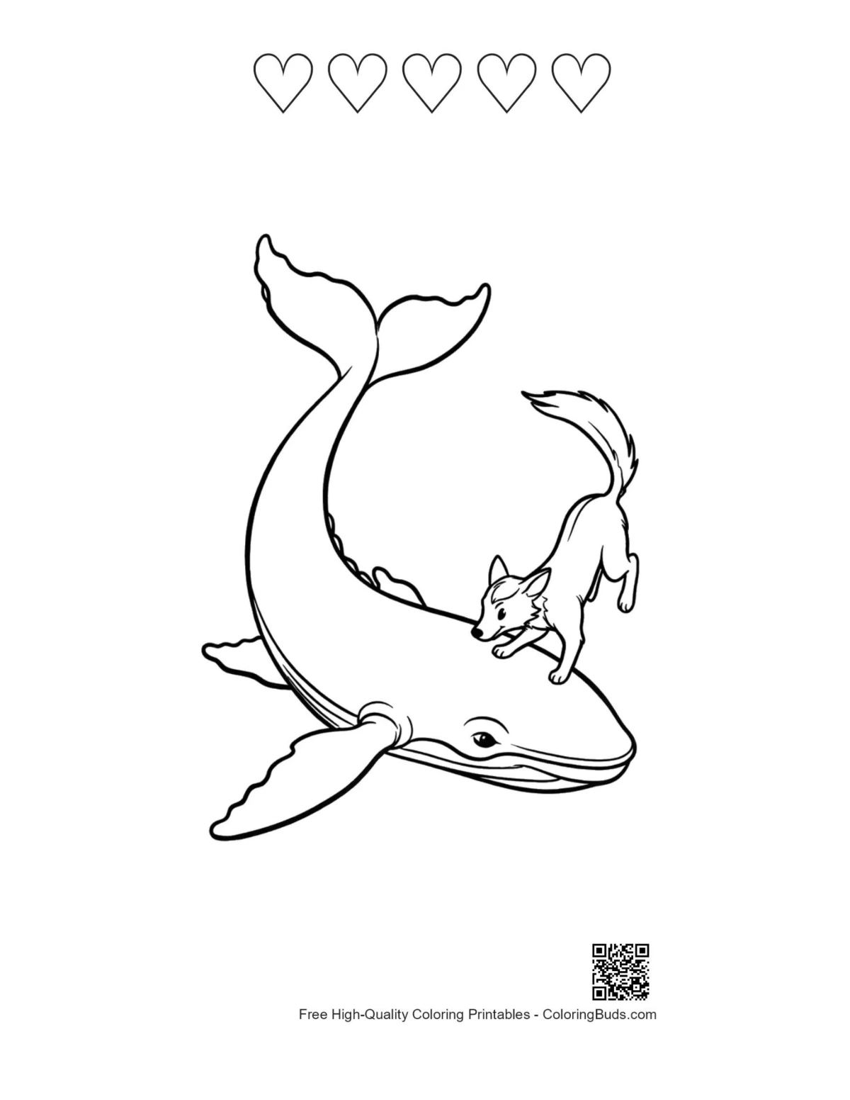 Playful fox whale outline printable with 5 hearts
