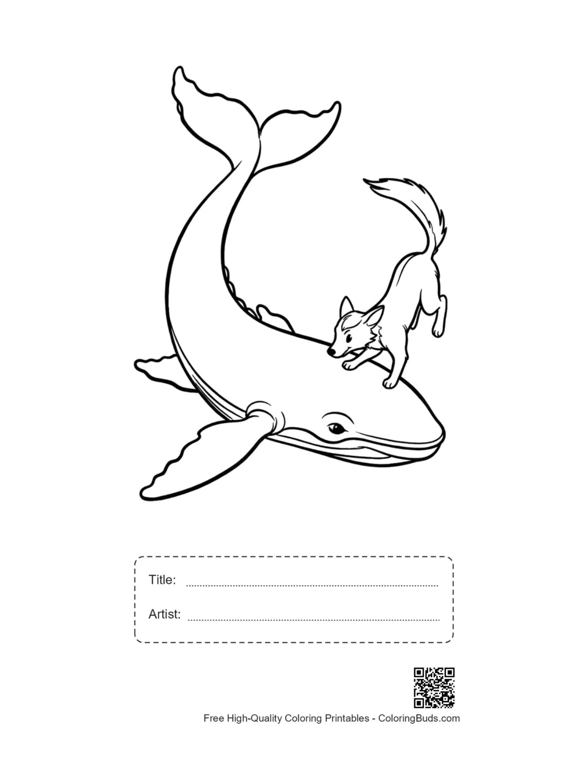 Playful fox blue whale outline printable with title box
