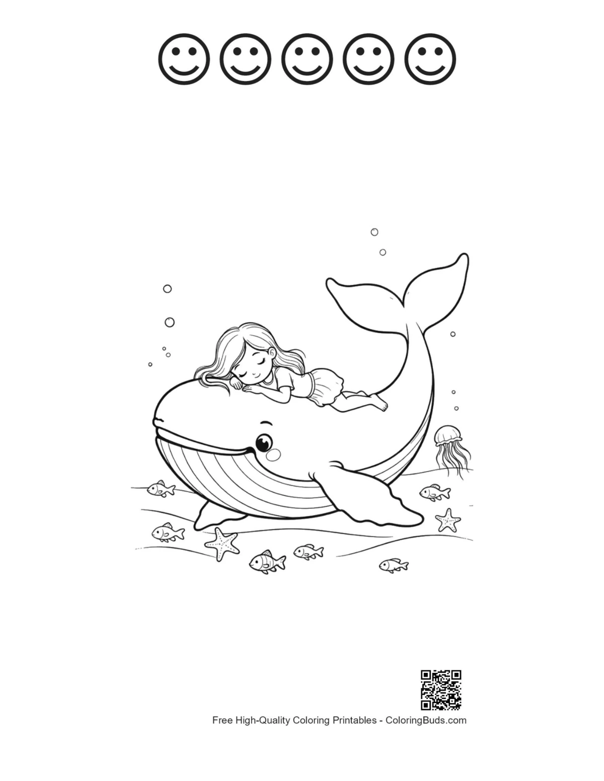 Cute girl whale printable with 5 happy faces