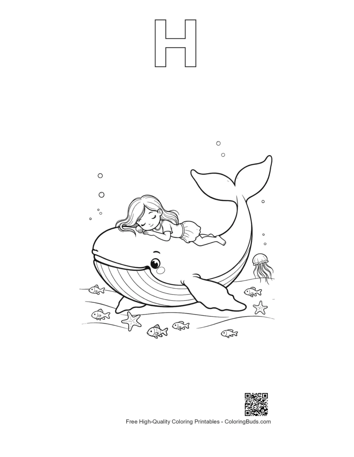 Girl on blue whale printable with alphabet H outline