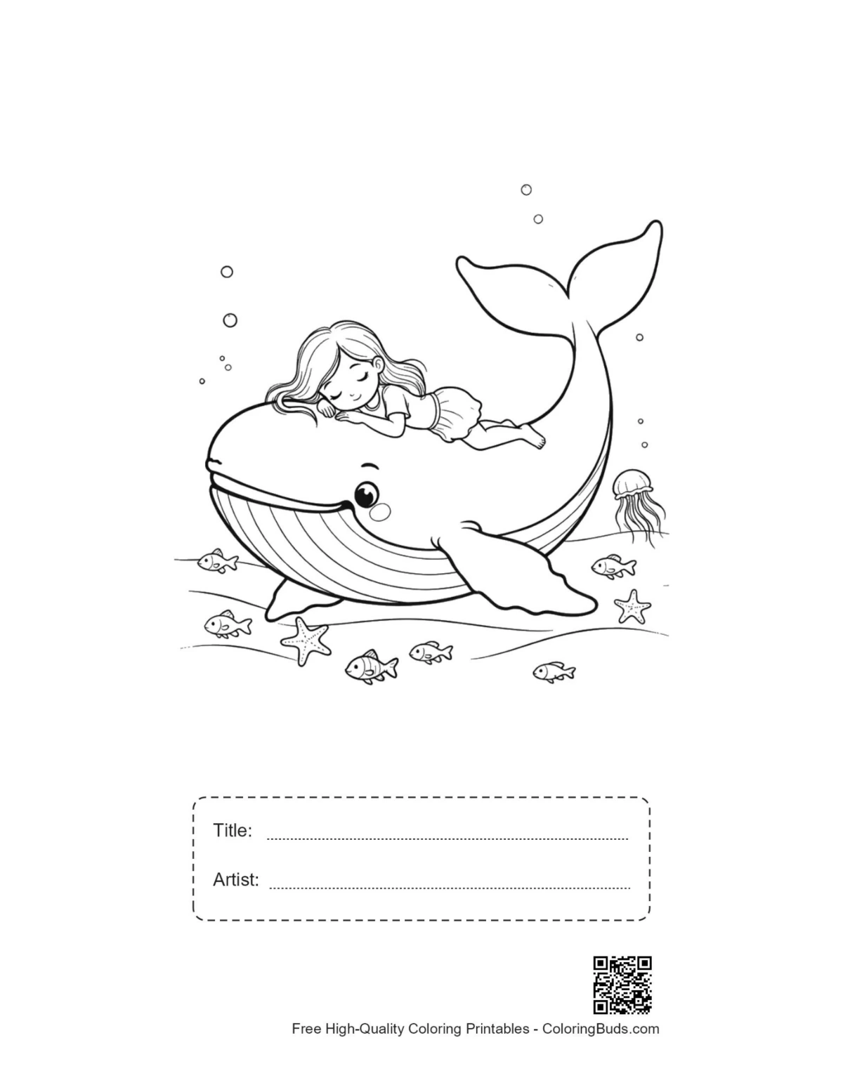Blue whale printable with girl, title and artist box