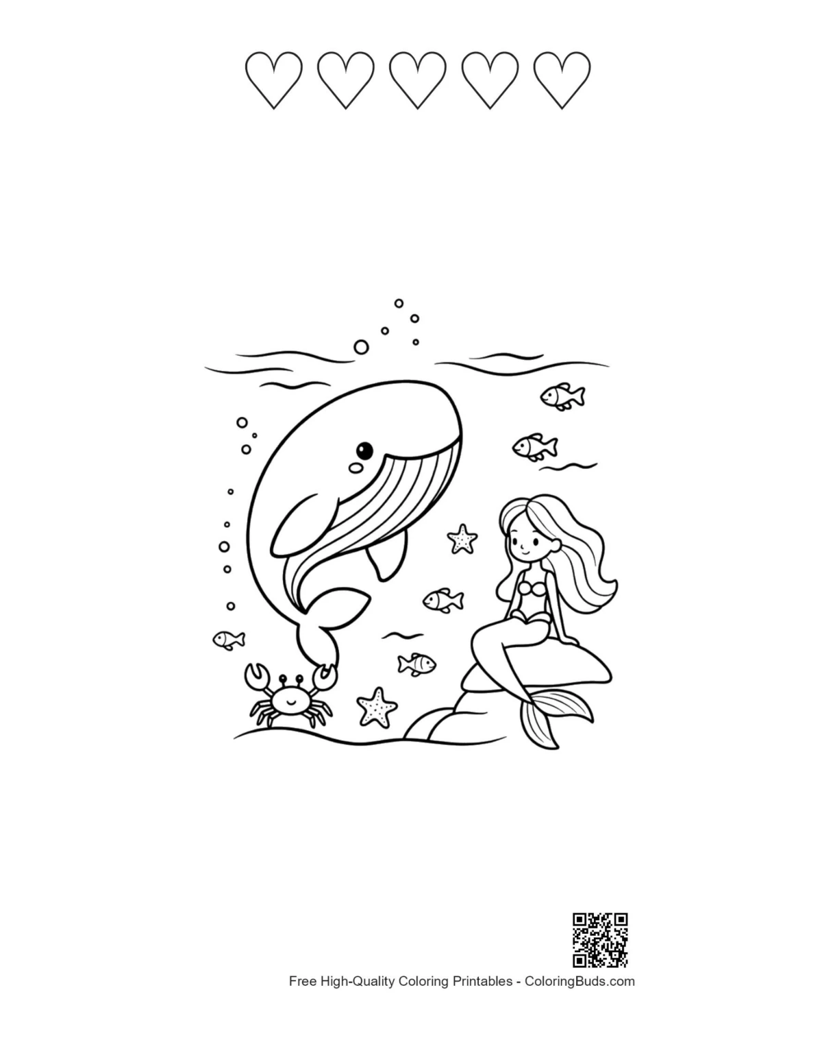 Blue whale mermaid ocean printable 5 heart outlines