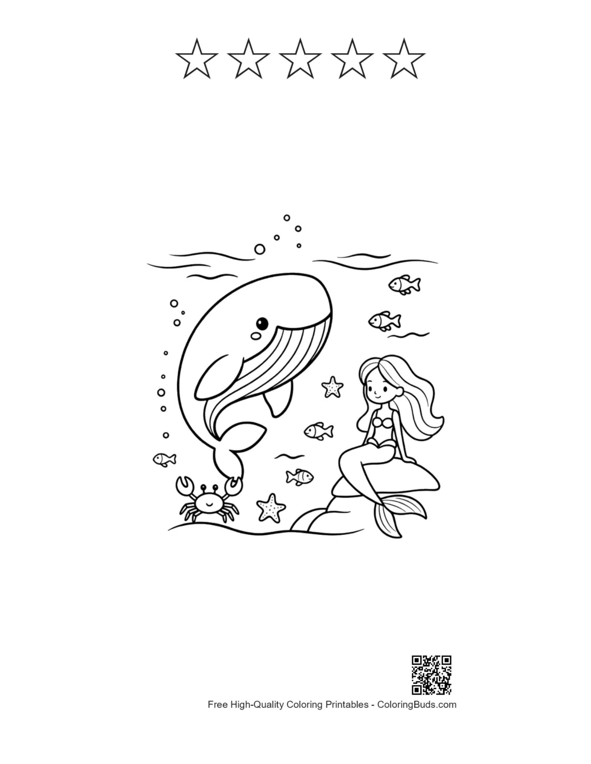 Blue whale mermaid ocean printable with 5 star outlines