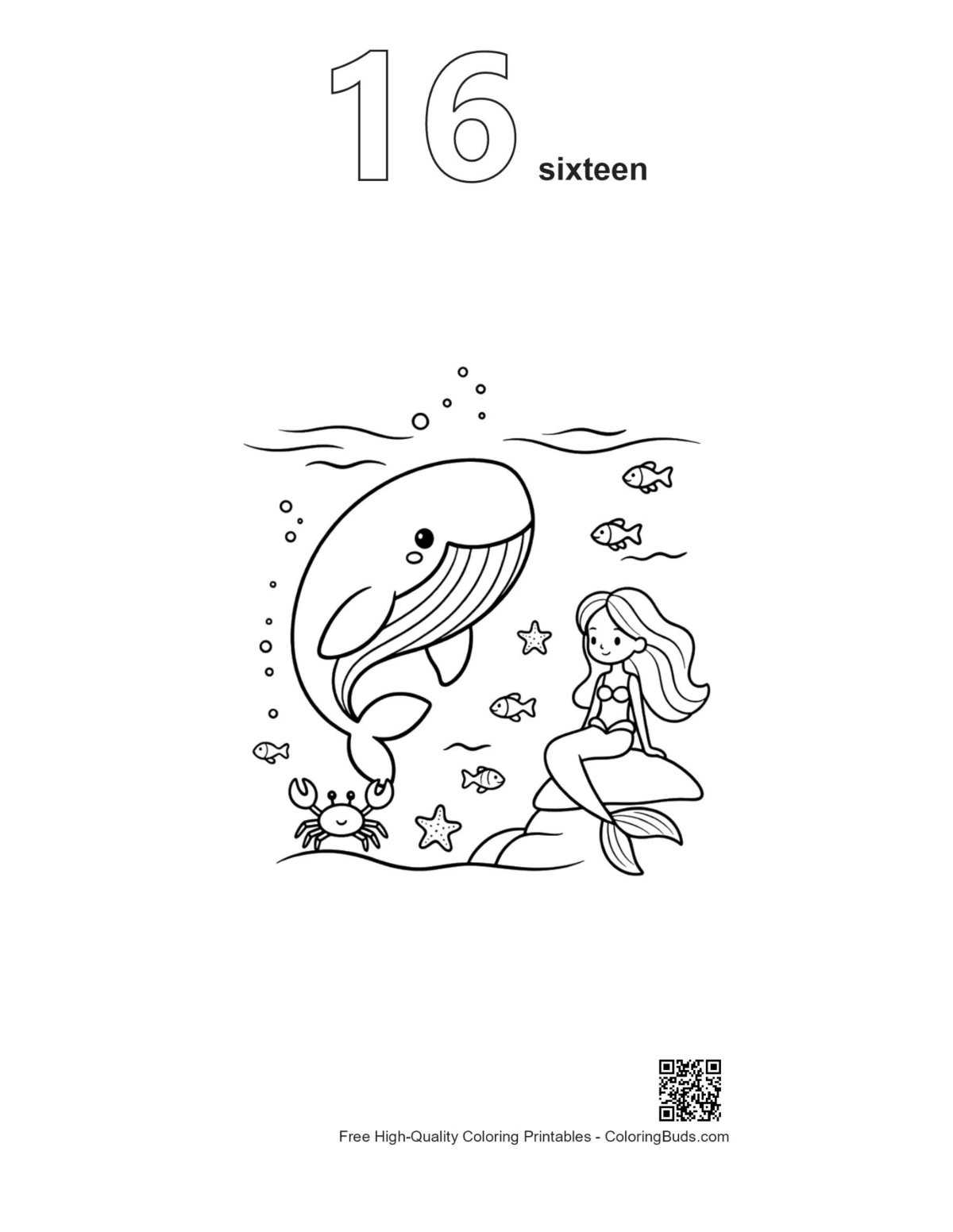 Whale mermaid deep ocean outline number 16 coloring sheet