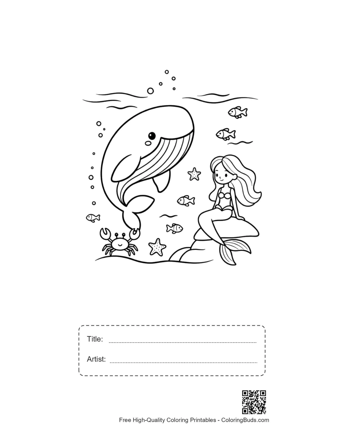 Blue whale mermaid ocean printable with title artist box