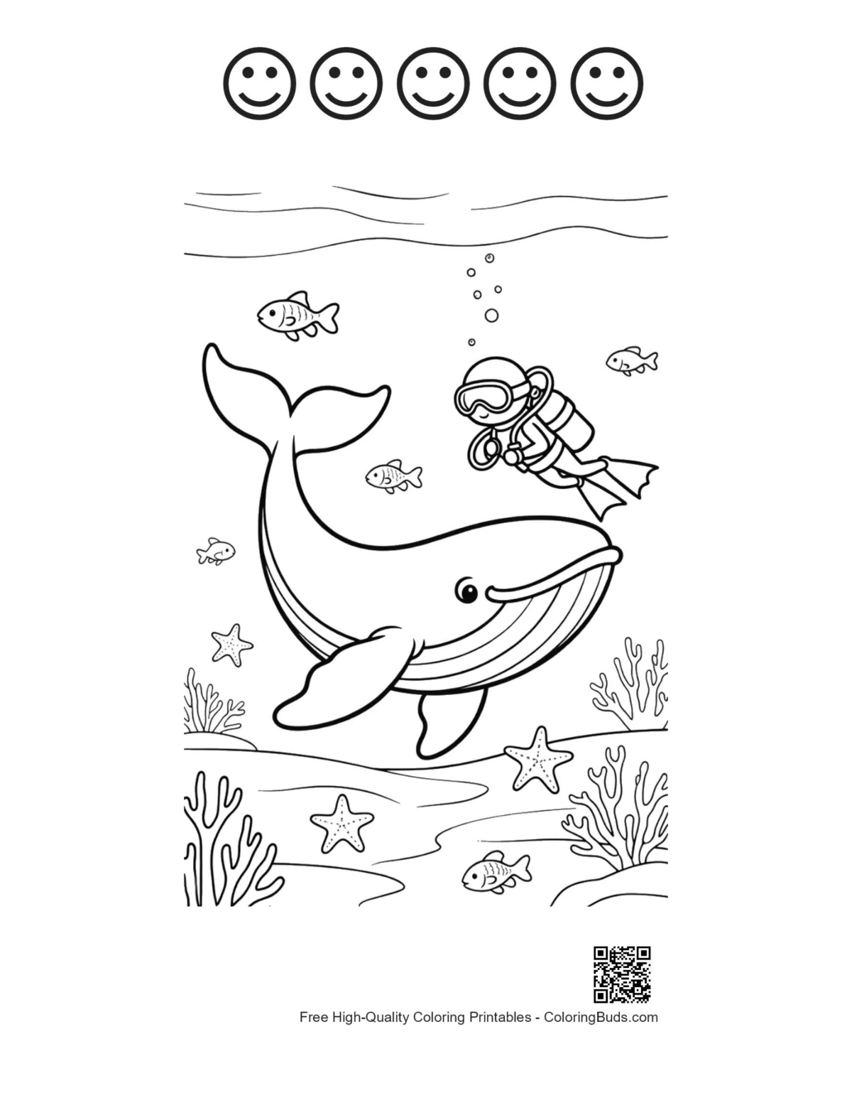 Blue whale diver coral with 5 happy face outlines printable