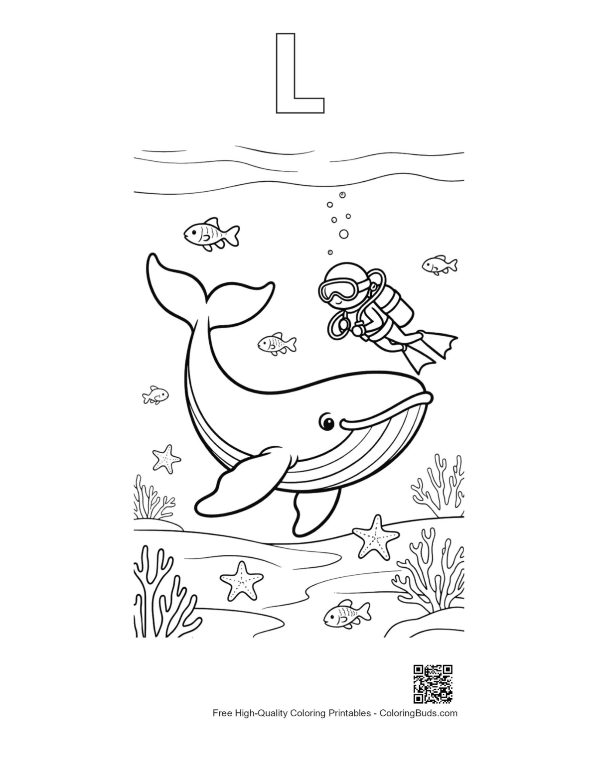 Blue whale diver coral outline alphabet L coloring printable