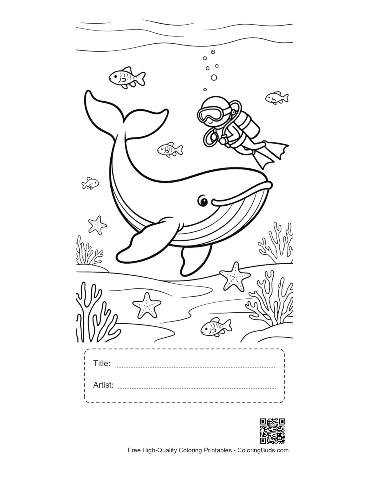 Blue whale diver coral printable with title artist box