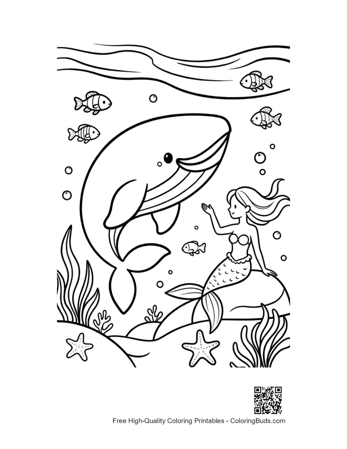 Blue whale playing with mermaid underwater coloring printable