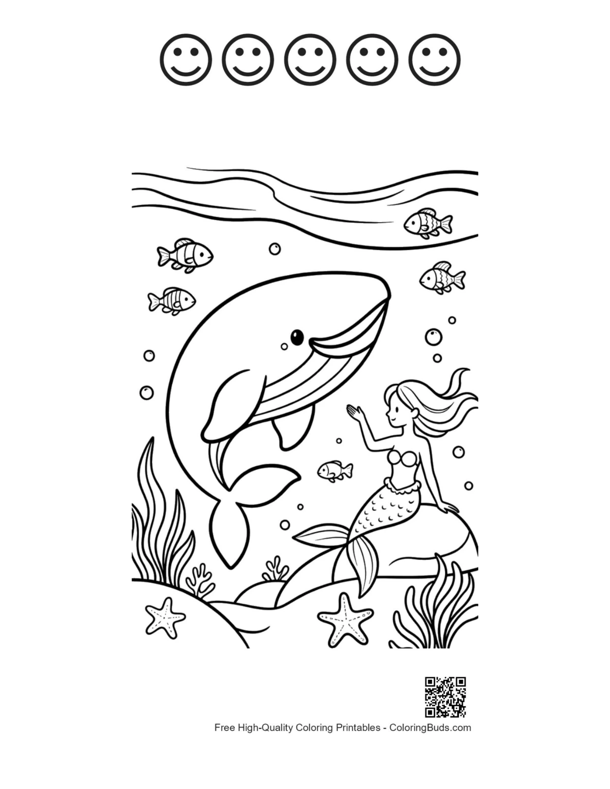 Blue whale mermaid with 5 happy faces outline printable