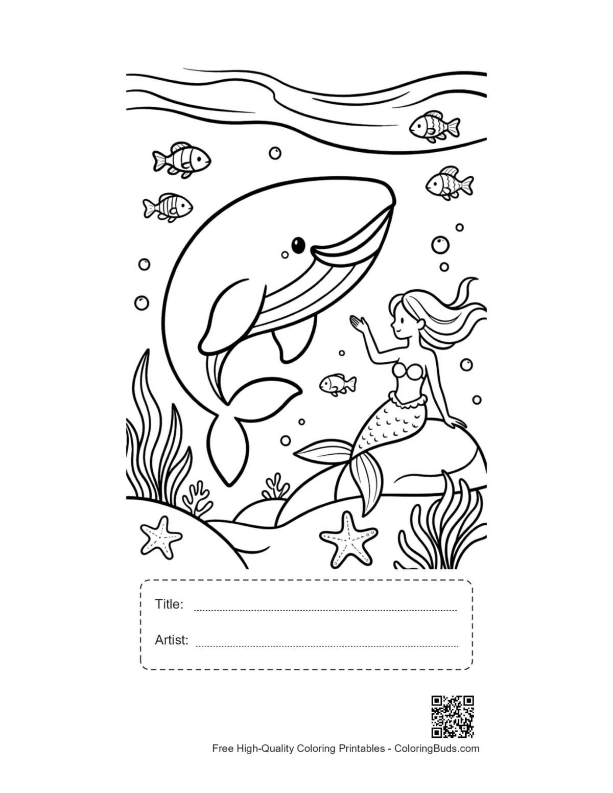 Blue whale mermaid underwater printable with title artist box