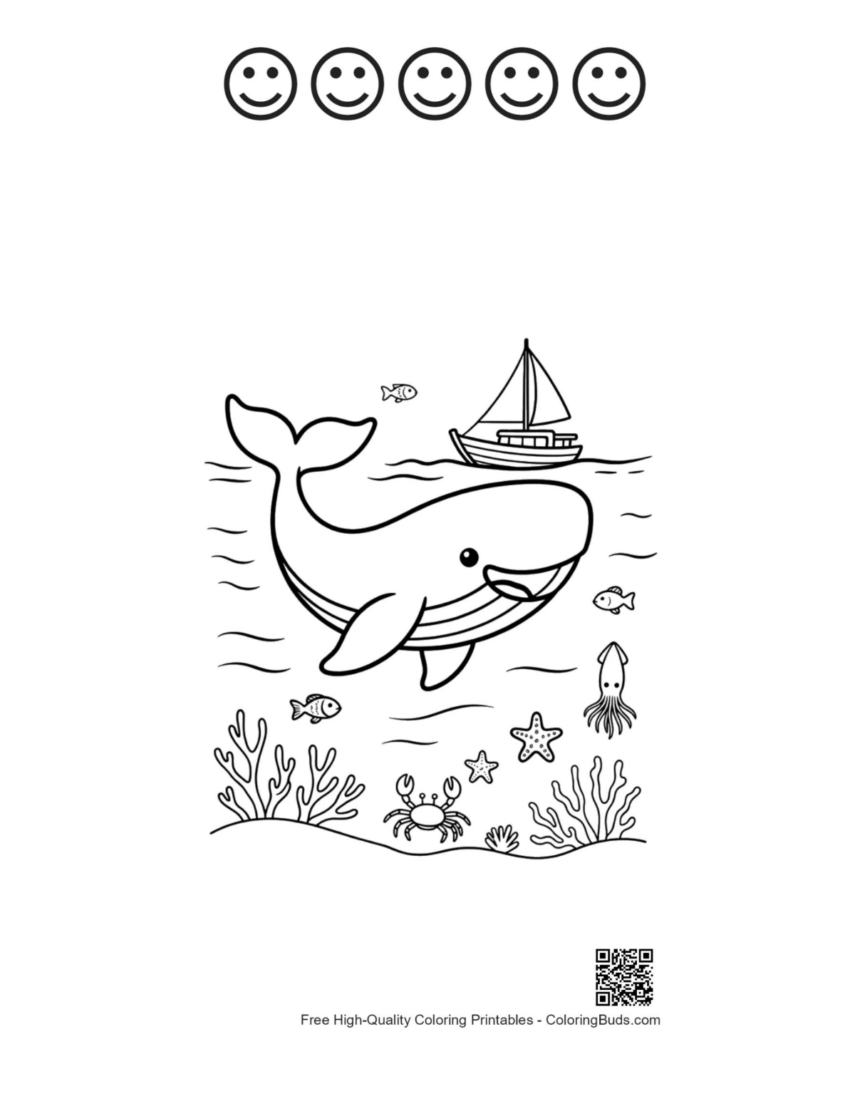 Blue whale sailing boat printable with 5 happy faces outlines