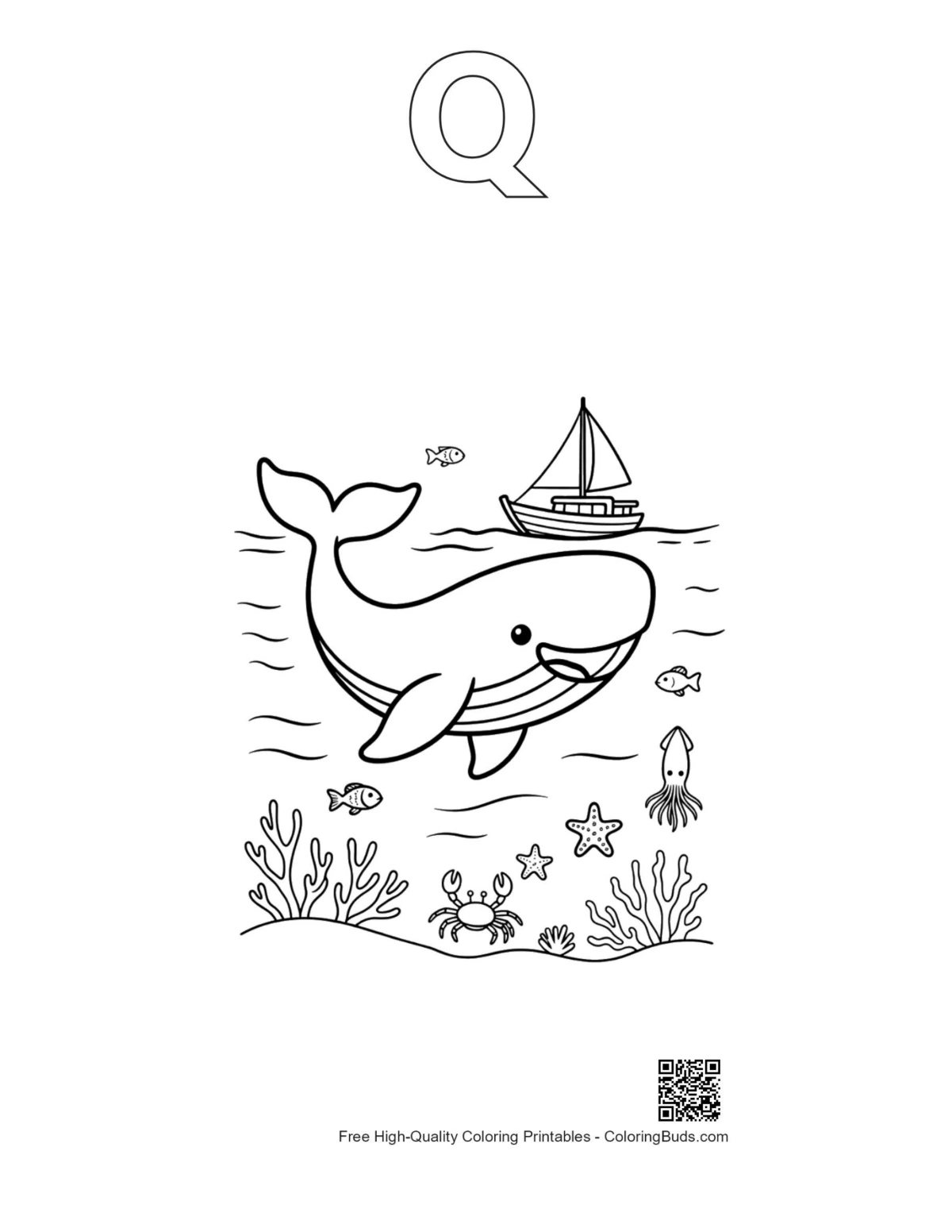 Blue whale sailing boat printable outline with alphabet Q shape