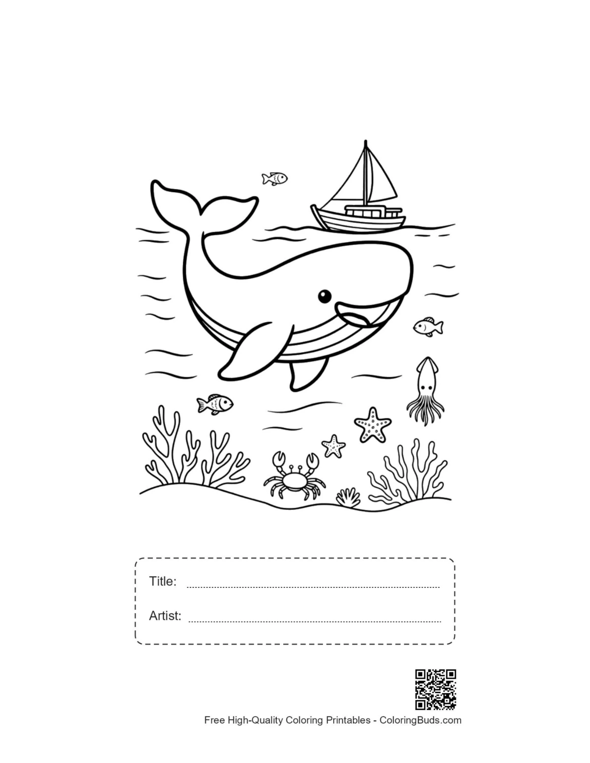 Blue whale below sailing boat printable with title artist box