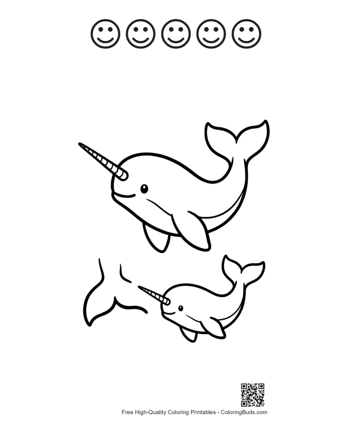 Narwhal duo with 5 happy face outlines printable