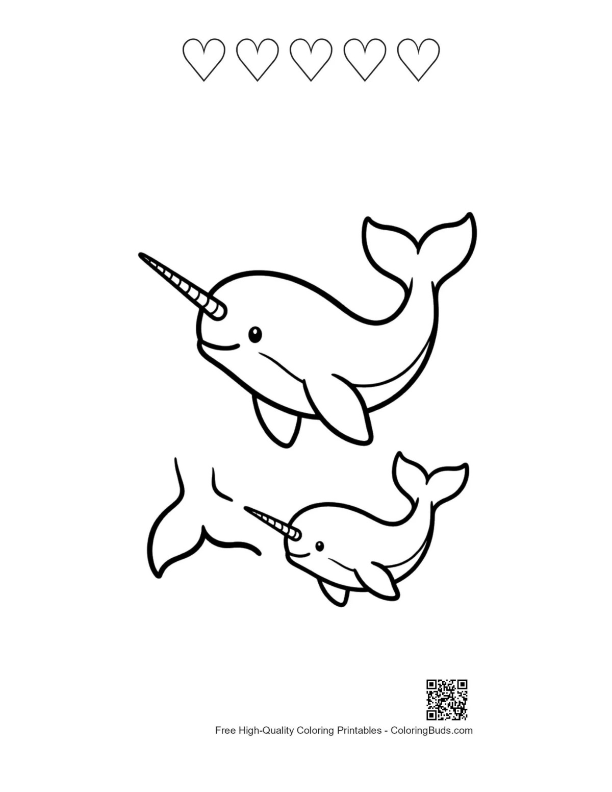 Narwhal duo printable with 5 heart outlines