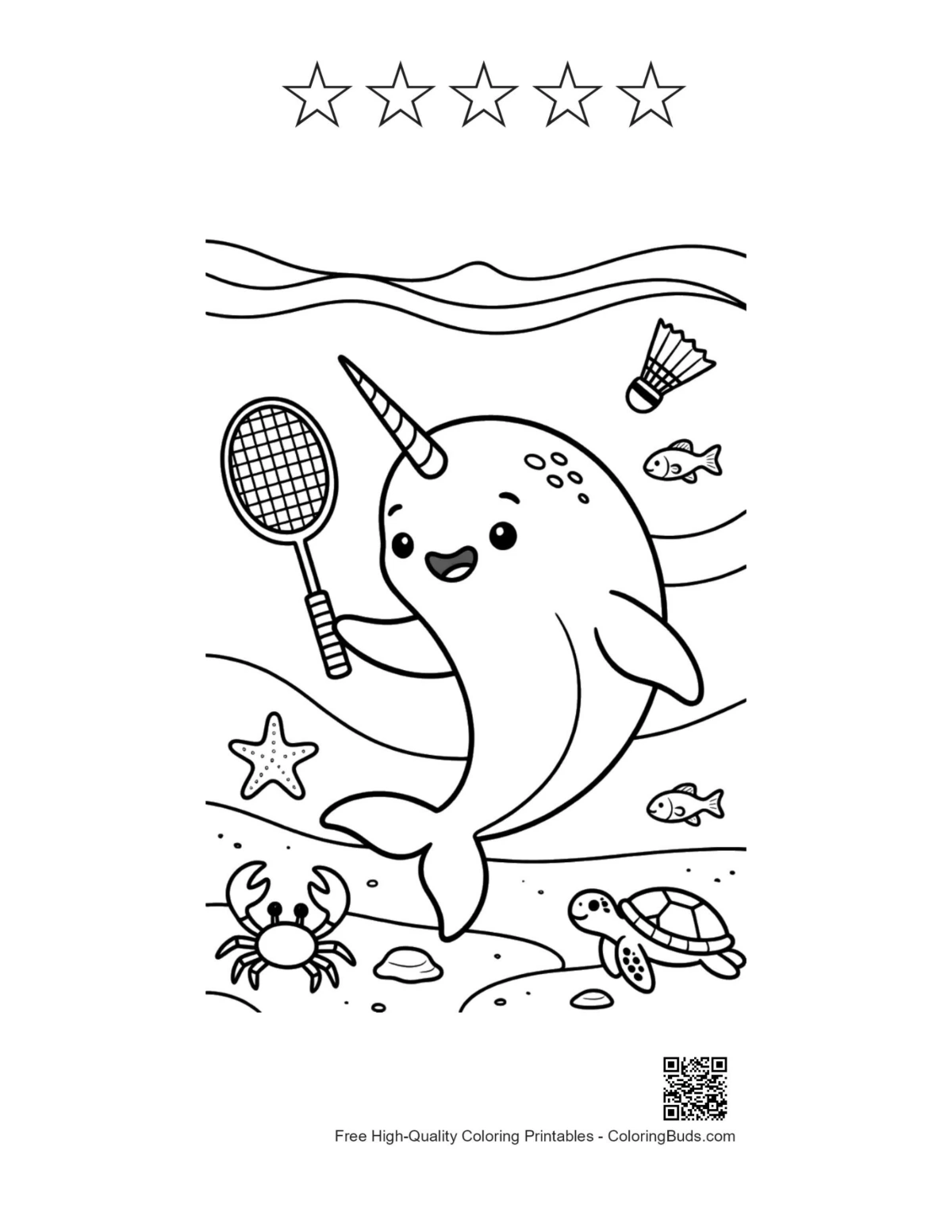 Narwhal tennis printable with 5 star outlines coloring fun