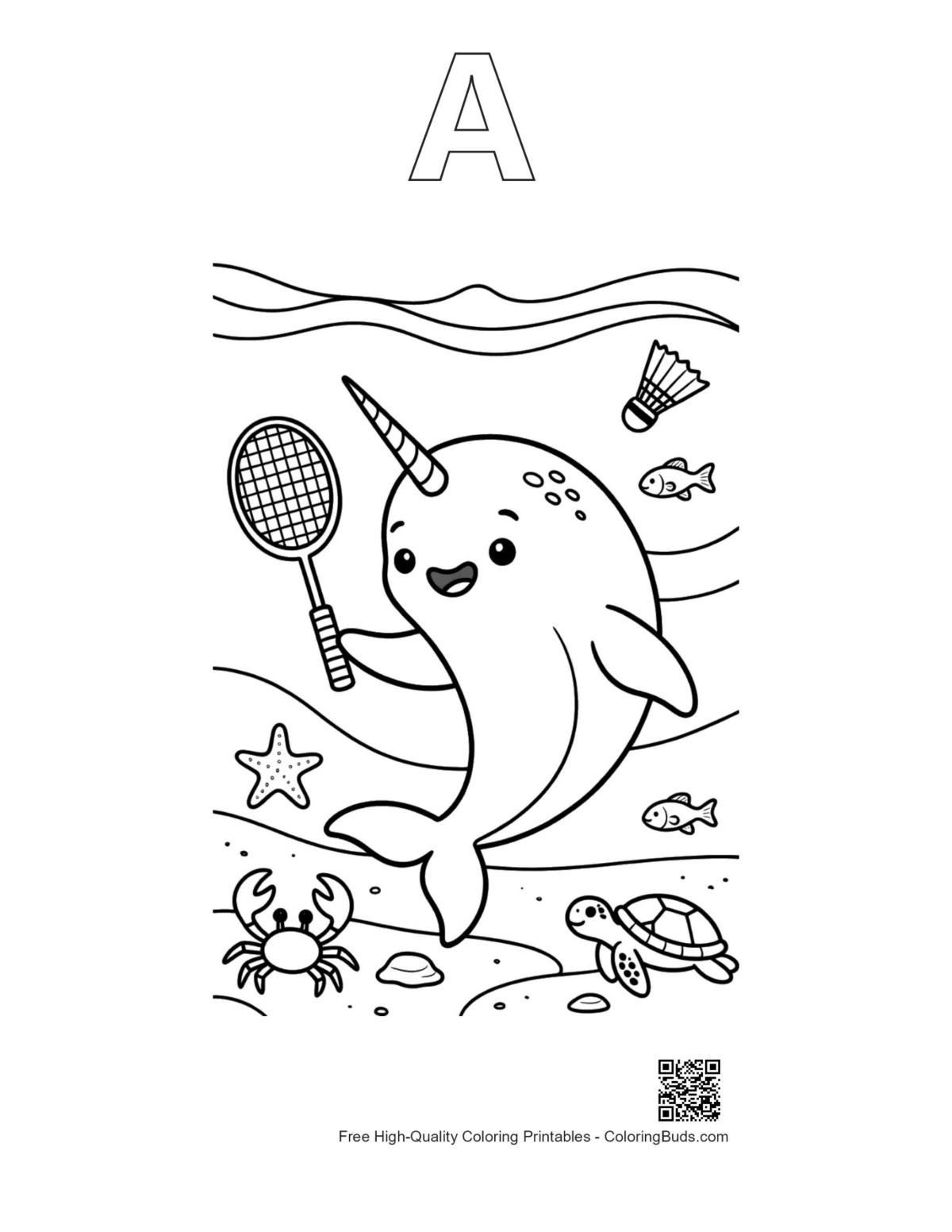Narwhal tennis outline alphabet A printable coloring page