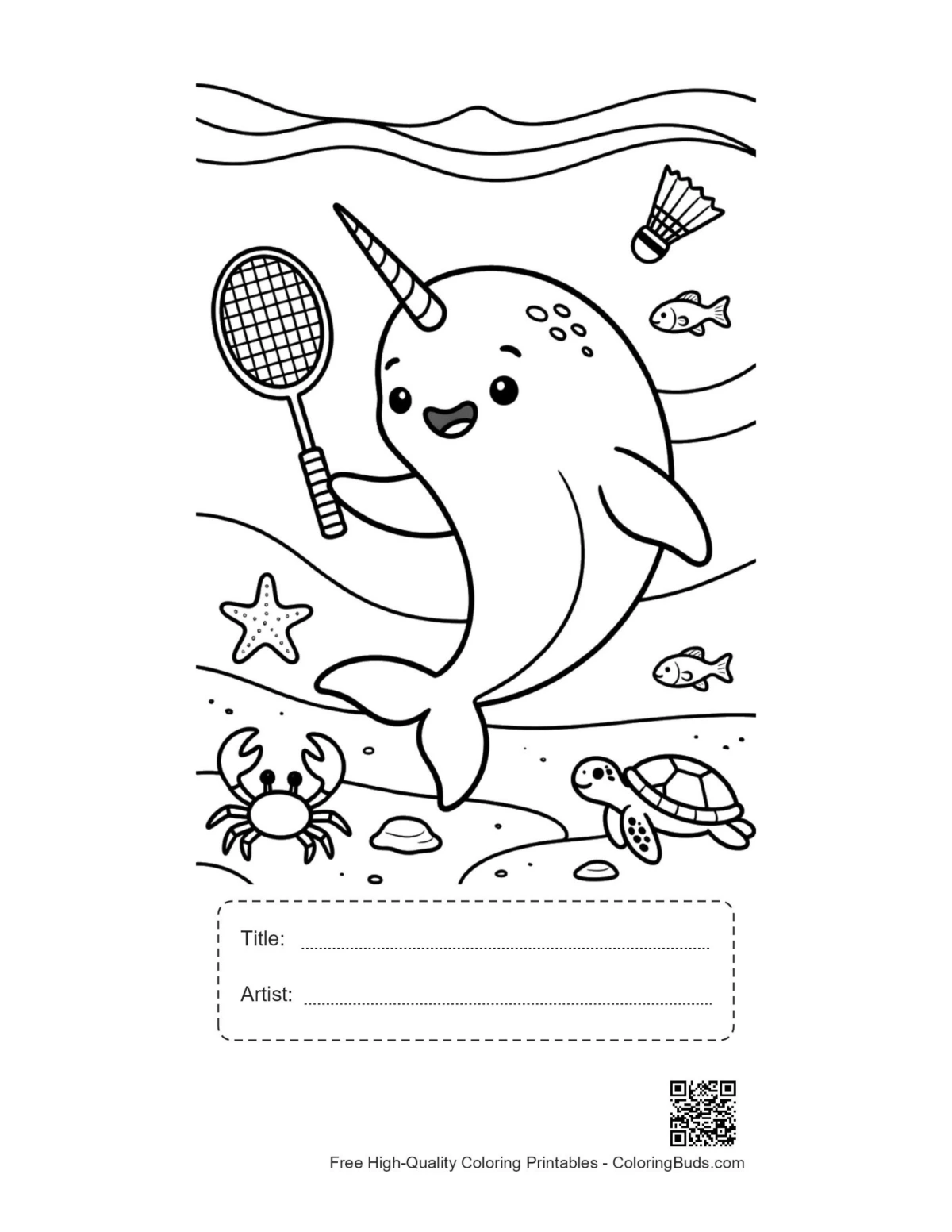 Narwhal tennis printable with title artist box coloring page