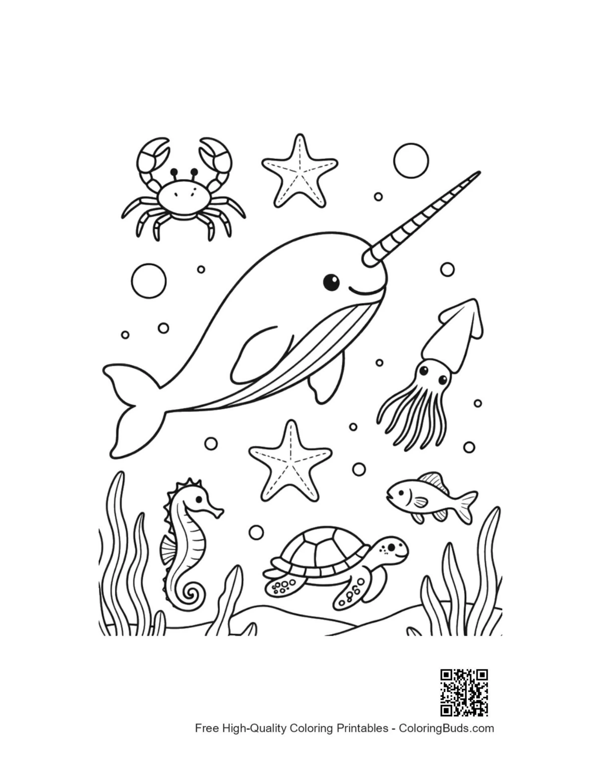 Beautiful narwhal in magical ocean coloring printable