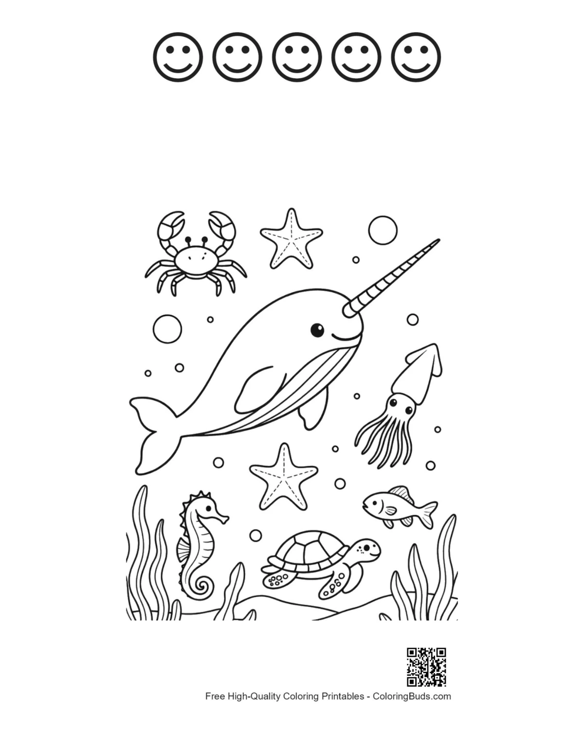 Narwhal ocean printable with happy faces