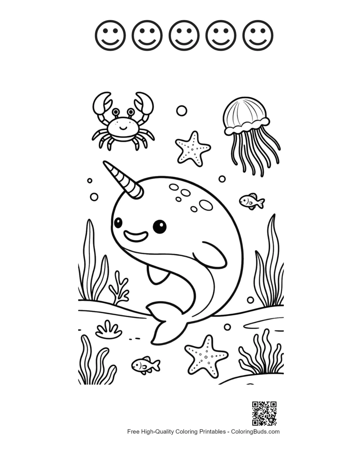Cheerful narwhal coloring with 5 happy face outlines reef