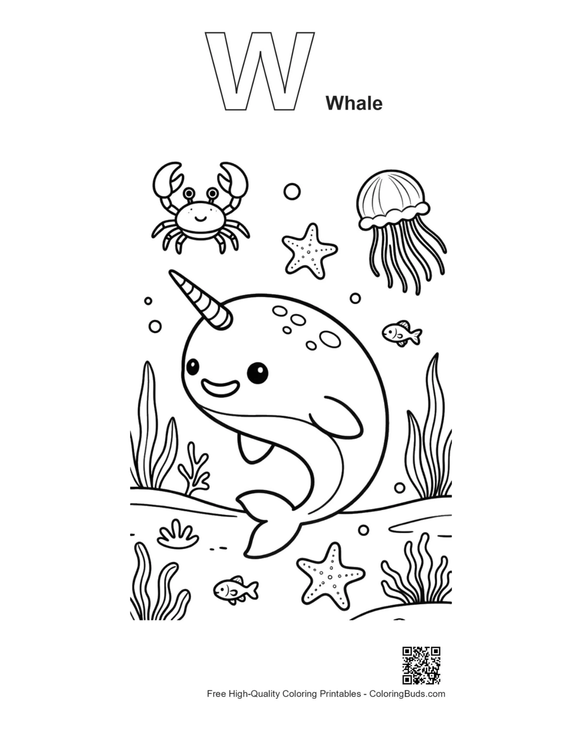 Narwhal coloring page outline with alphabet W whale near reef