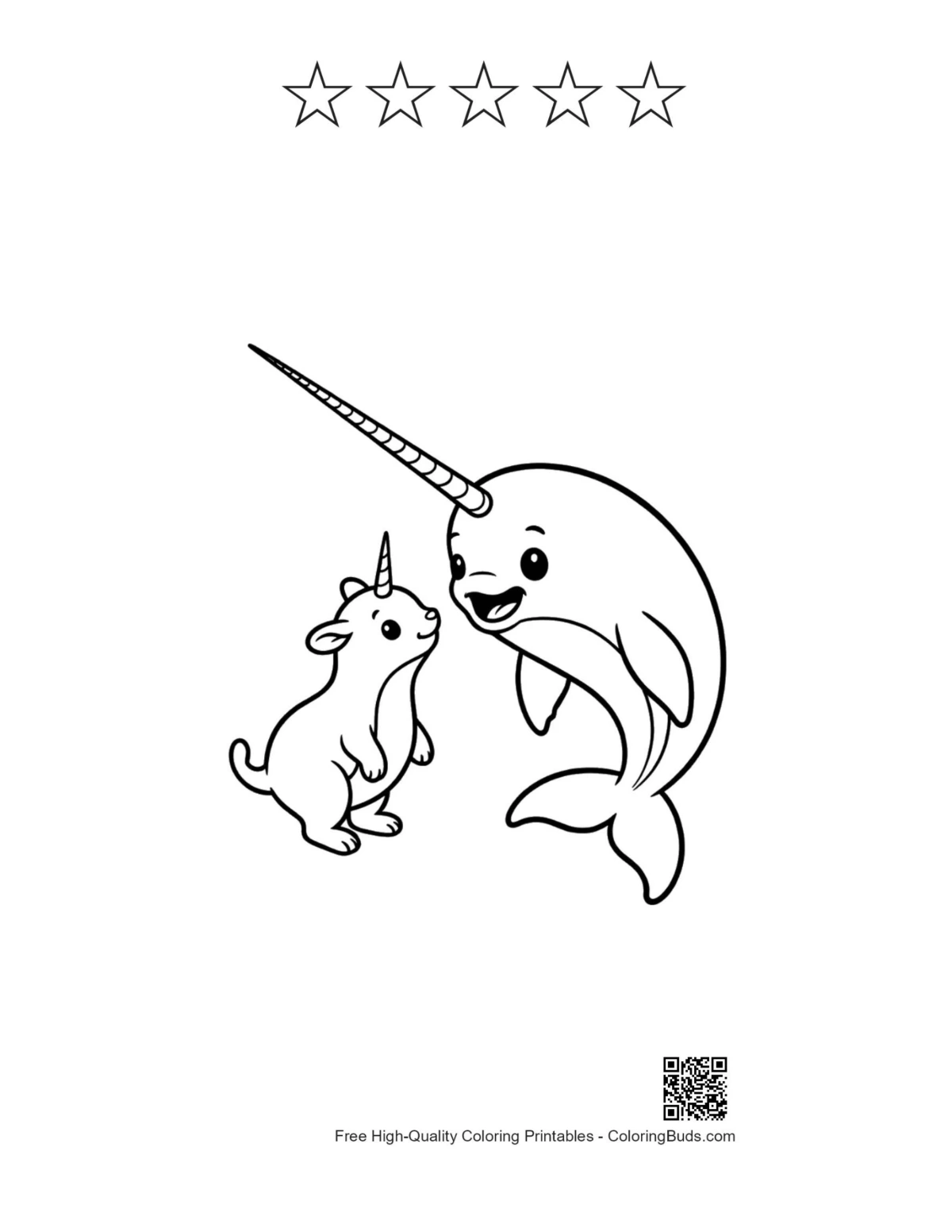 Narwhal friendship printable with 5 star outlines