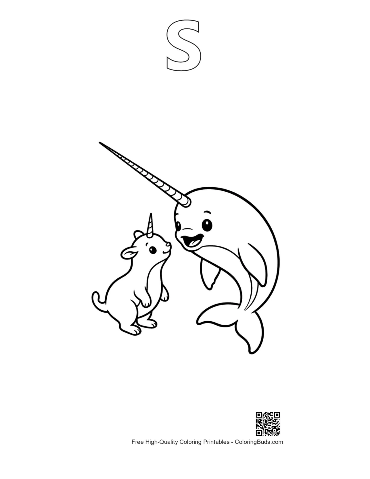 Narwhal goat friendship outline with alphabet S