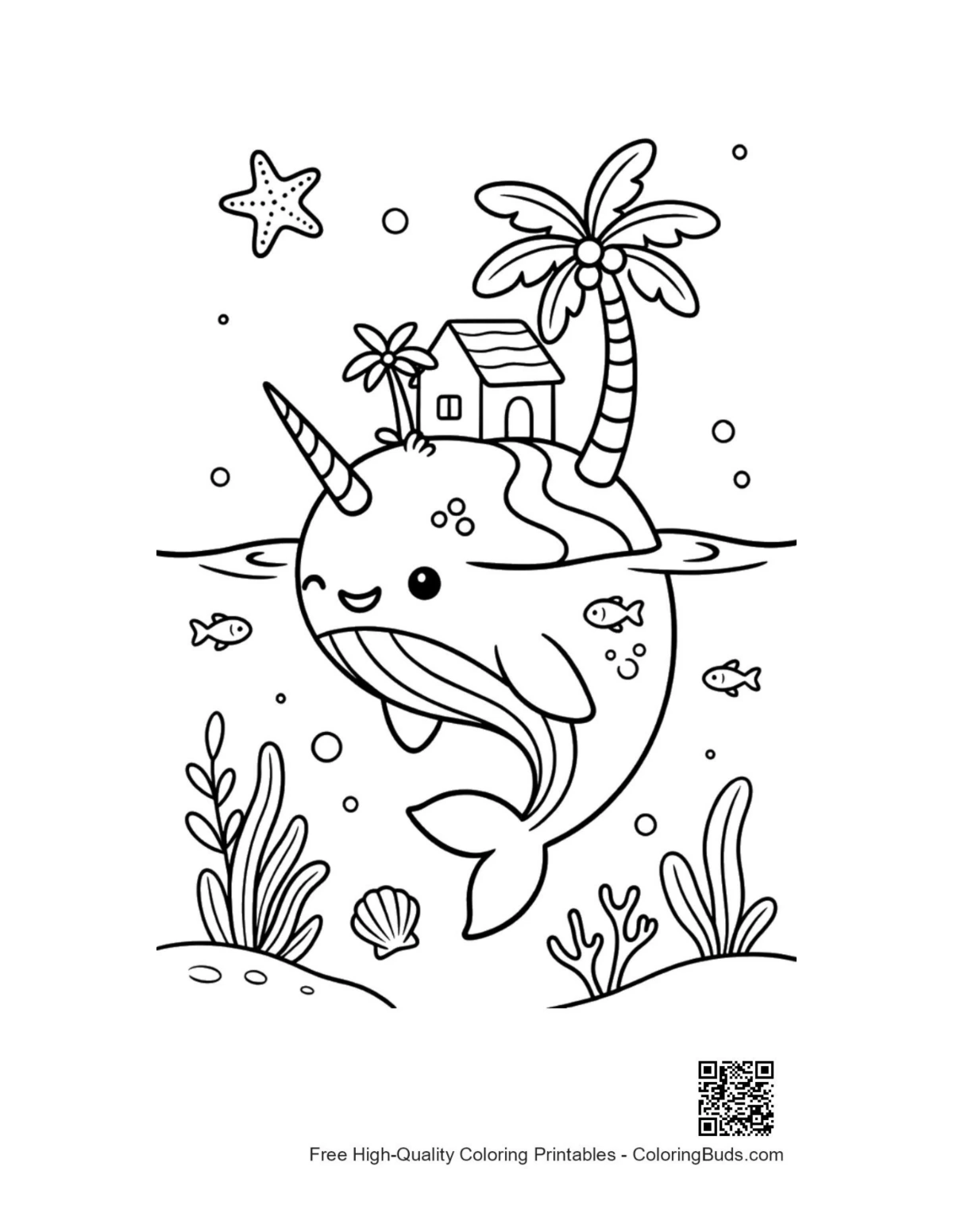 Cute narwhal printable coloring page for kids