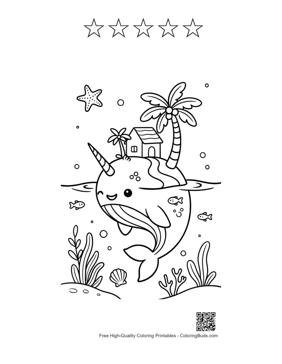 Cute narwhal with 5 star outline printable