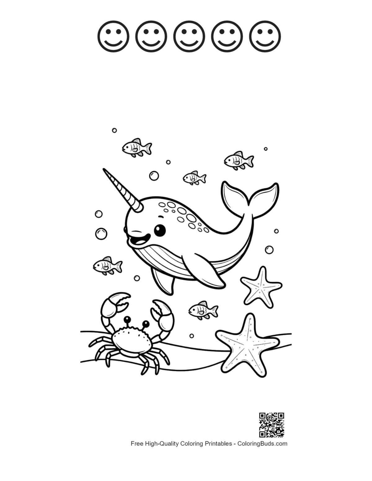 Cute narwhal with 5 happy face outline printable
