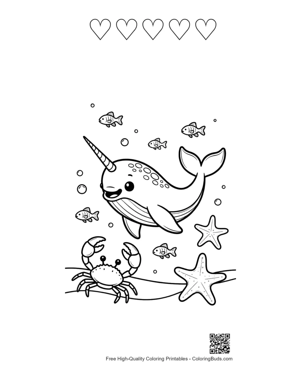 Cute narwhal ocean friends printable 5 heart outline