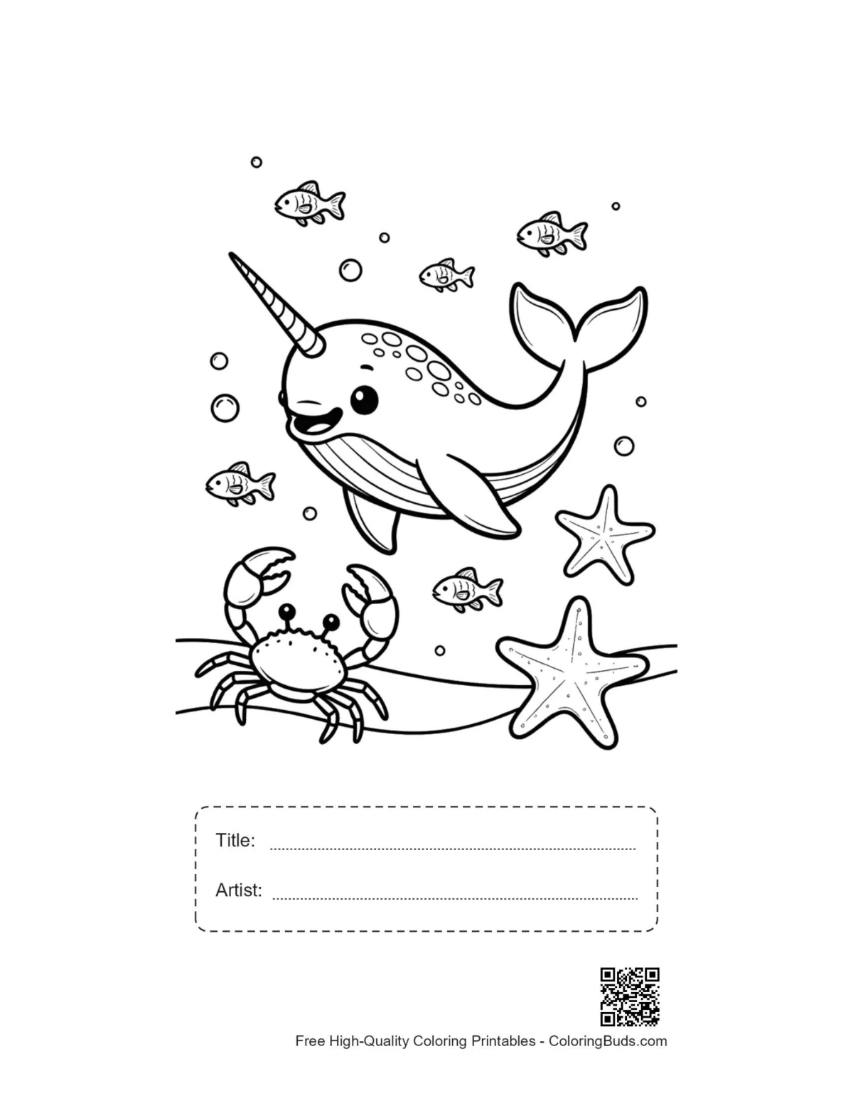 Cute narwhal ocean friends printable with title artist box
