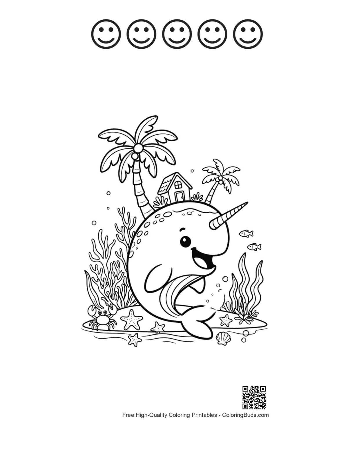 Narwhal with 5 happy face outline printable