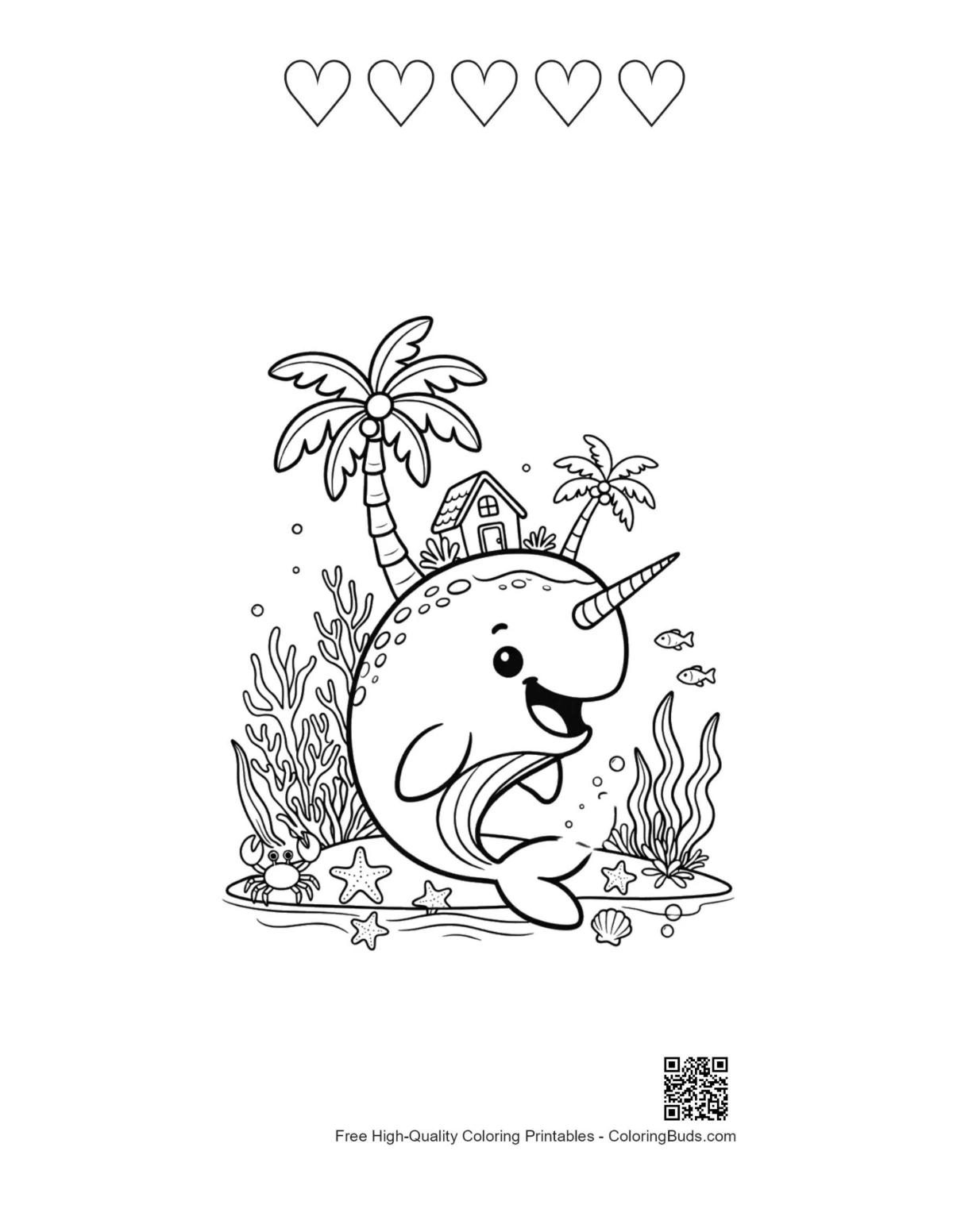 Narwhal with 5 heart outline printable sheet