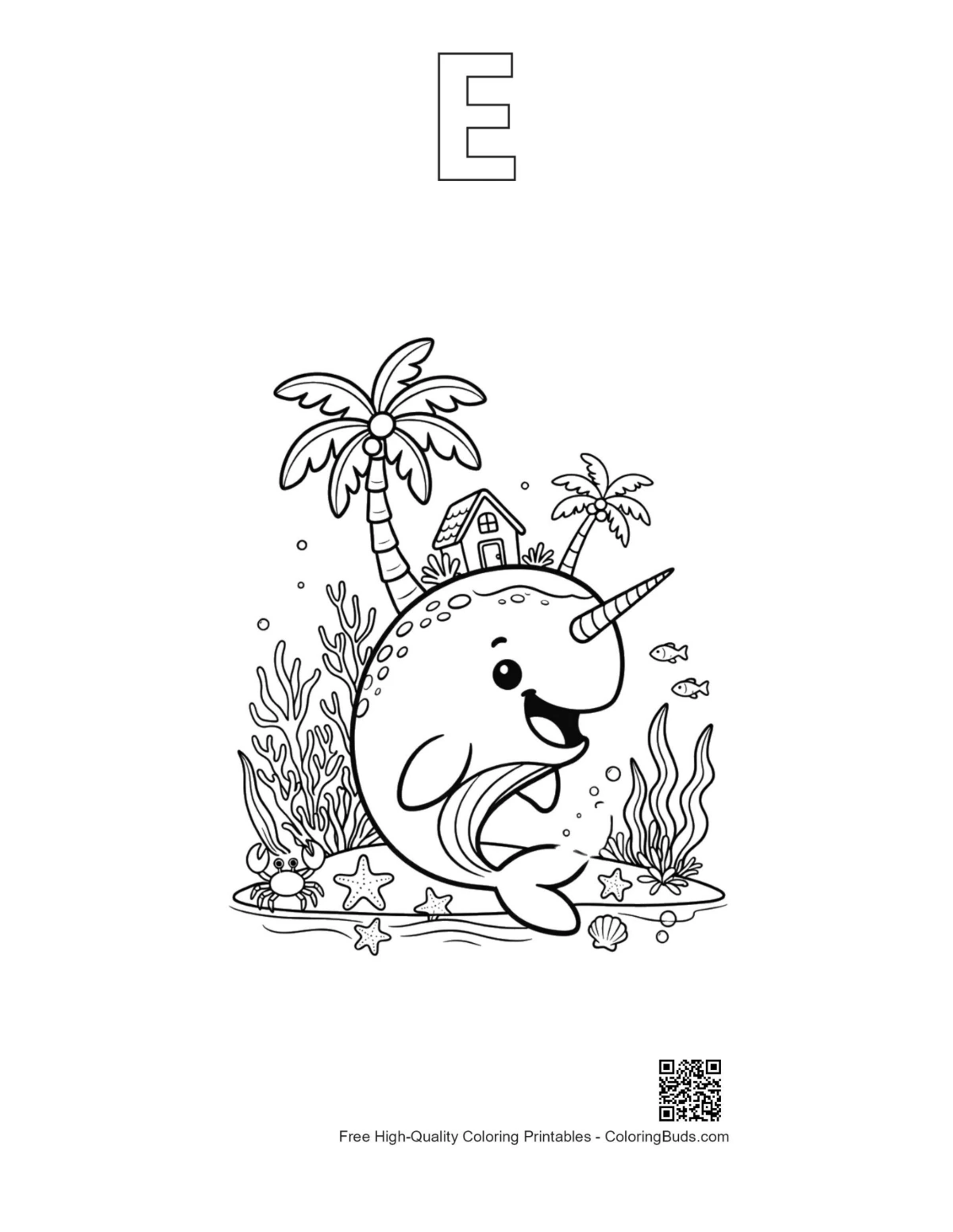 Narwhal outline alphabet E printable download