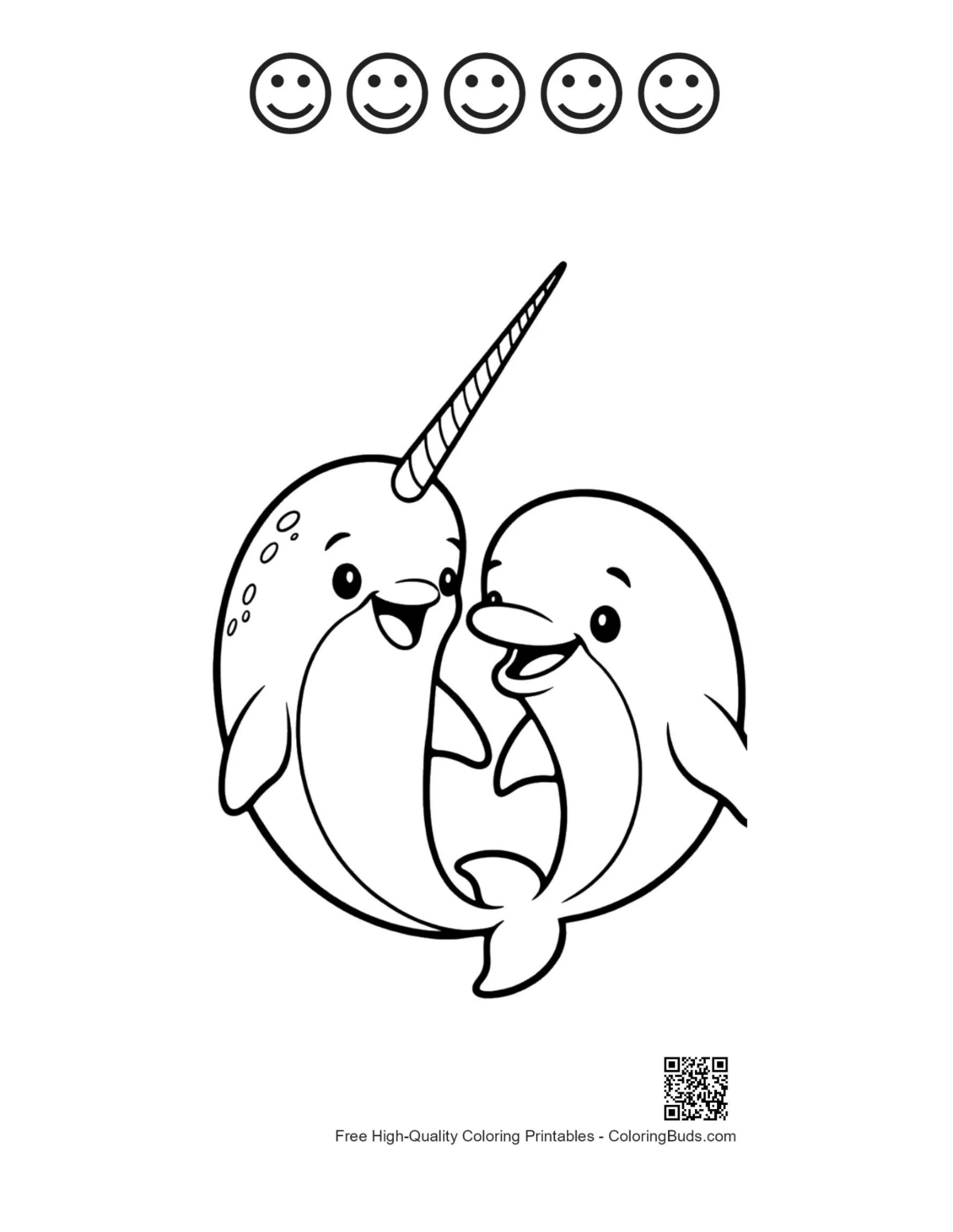 Narwhal hugging with happy faces outline