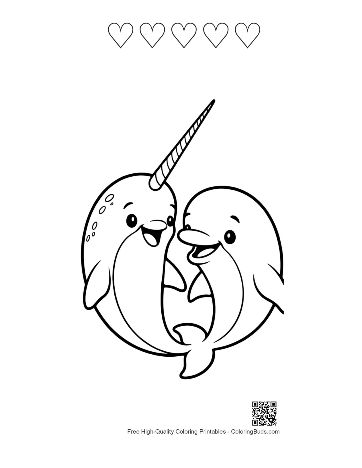 Narwhal pair with heart outlines printable