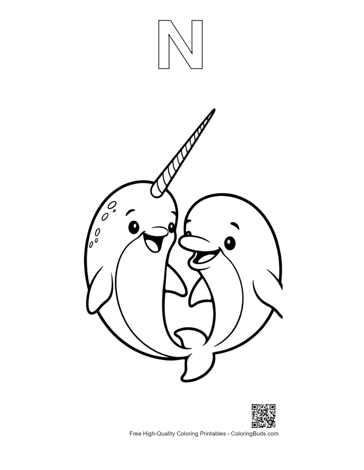 Narwhal hugging with alphabet N outline