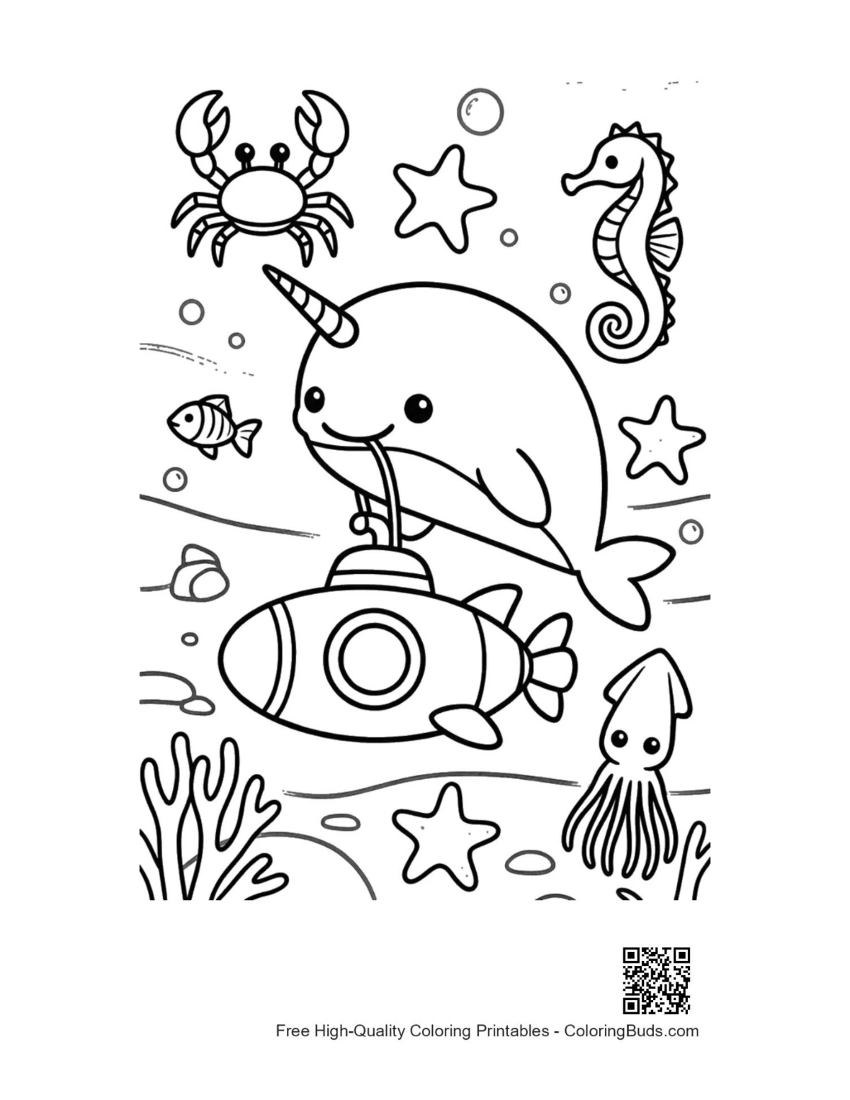 Happy narwhal waving from submarine coloring page