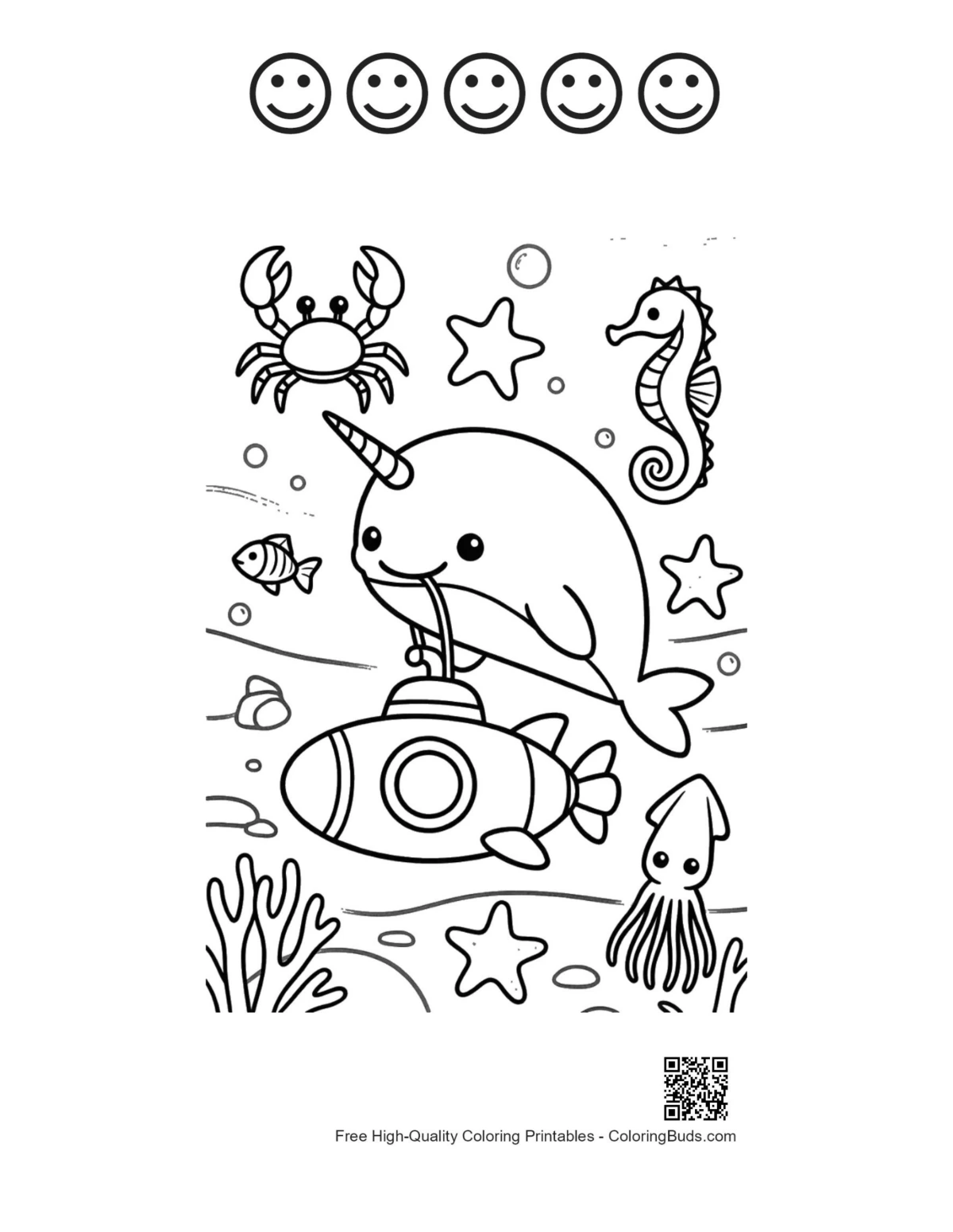 Narwhal waving submarine 5 happy faces outline